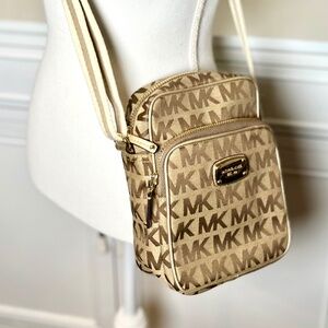 Michael Kors Signature Flight Crossbody  Gold / Beige Monogram Sport Strap
